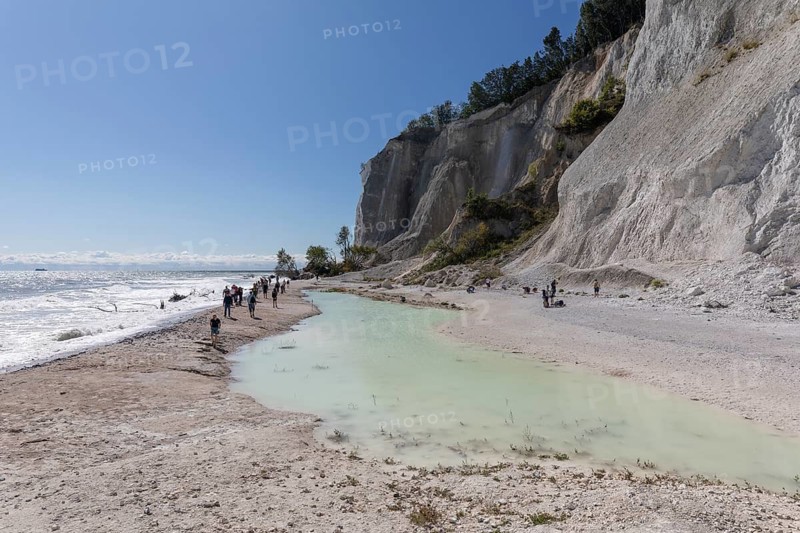 Crowds of tourists walk along the pebble beach beneath the towering white chalk cliffs. The shoreline features a milky, turquoise sediment pool, highlighting the environmental pressure on this UNESCO site. Møns Klint, Denmark