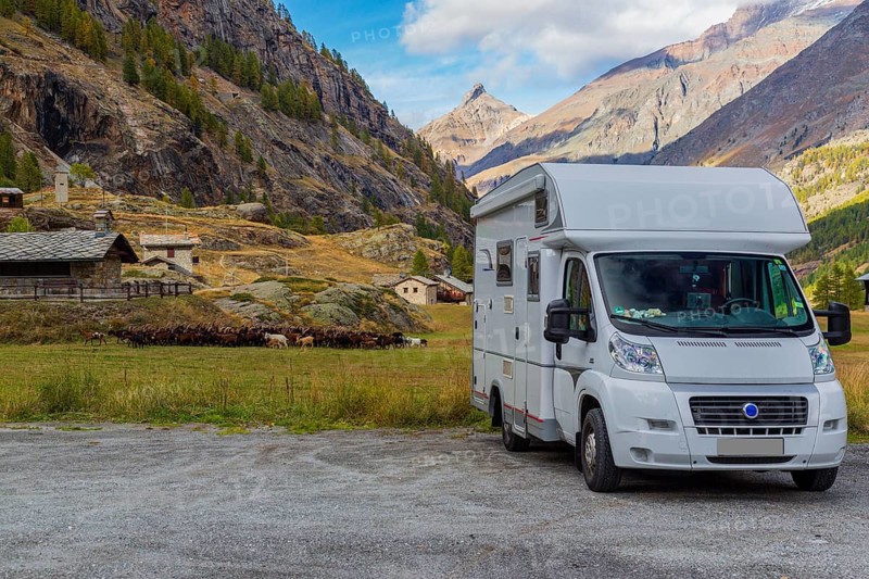 Camping car on a parking lot at Pont, Valsavarenche, Aosta Valley, Grand-Paradis Mountain Community