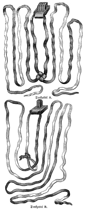 The memorandum, phylactery, is a strip of parchment on which Bible verses are written, a sophrim, a scribe, is used for writing, memorandums are worn on the forehead (A) or on the arm (B), Bible, historical illustration, Biblisches Handwörterbuch 1862