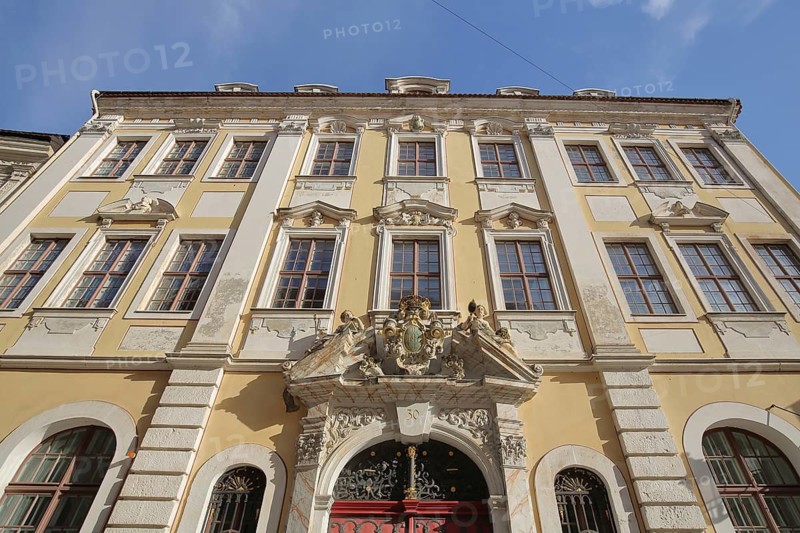 Portal with coat of arms of the Baroque Ameißsches Haus with stucco, decorations built in 1729, looking up, Neißstraße, Görlitz, Upper Lusatia, Lusatia, Saxony, Germany