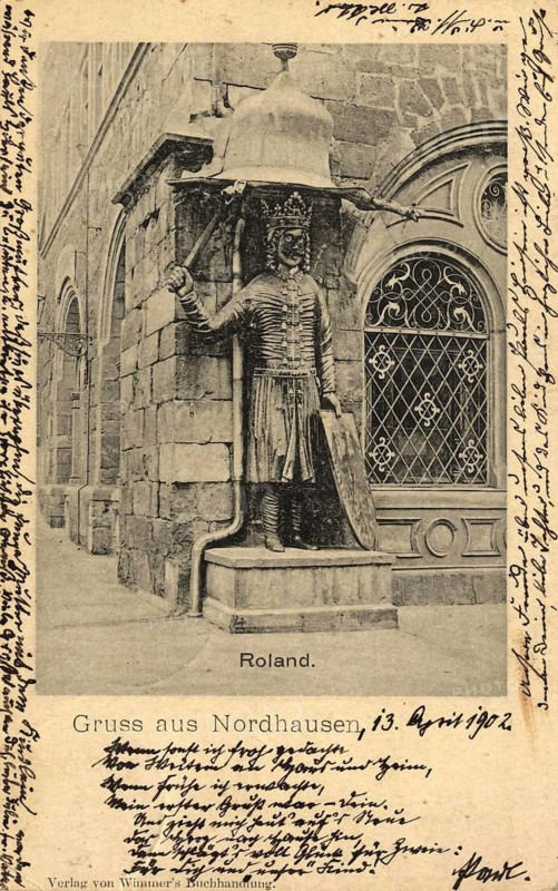 Nordhäuser Roland, a landmark of the city of Nordhausen that symbolizes freedom, power and jurisdiction, Nordhausen, Thuringia, Germany, authentic reproduction of an old postcard, around 1910, historical, exact date unknown