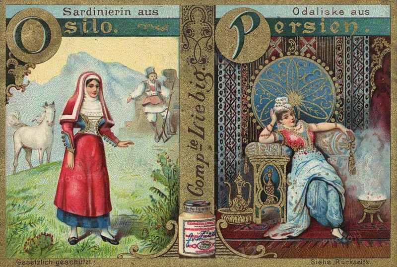 Picture series Noble woman from all over the world, Woman from Osilo, Sardinia, Italine and Odalisque from Persia, Liebig picture, digitally restored reproduction of a collector's picture from ca 1900, public domain, exact date unknown, A Sardinian woman in traditional traditional costume and an Odalisque woman in oriental surroundings