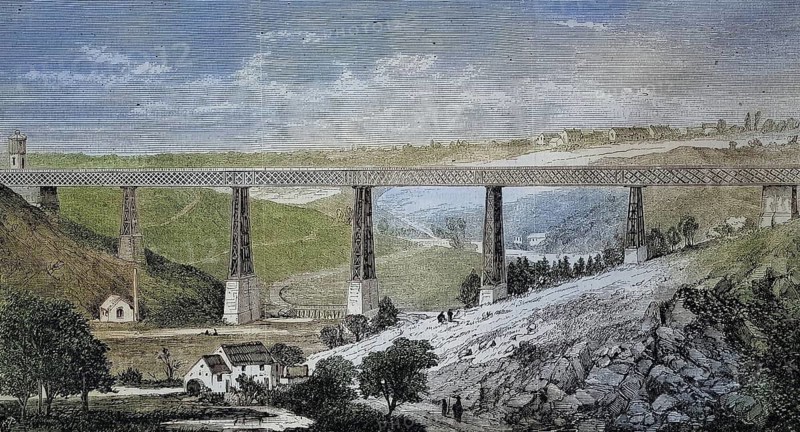 Montlucon railway bridge, viaduct over the valley La Vallee de la Creuse, 1869, France, Historic, digitally restored reproduction of a 19th century original