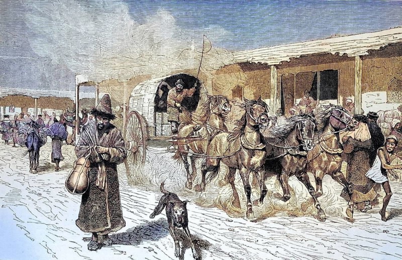 Street scene in Yarkand, Jarkend, Turkmenistan, coloured wood engraving, reproduction from a model from ca 1888, historical, horse-drawn carriage moving in a snowy street full of people