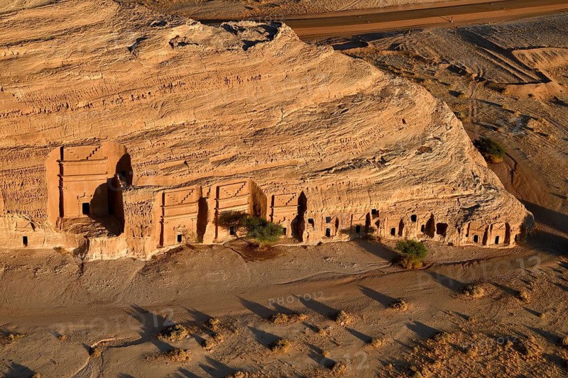 Nabataean Tombs at the Rock Qasr Al-Bint, Blue Hour, Hegra or Mada'in Salih, AlUla Region, Medina Province, Saudi Arabia, Arabian Peninsula