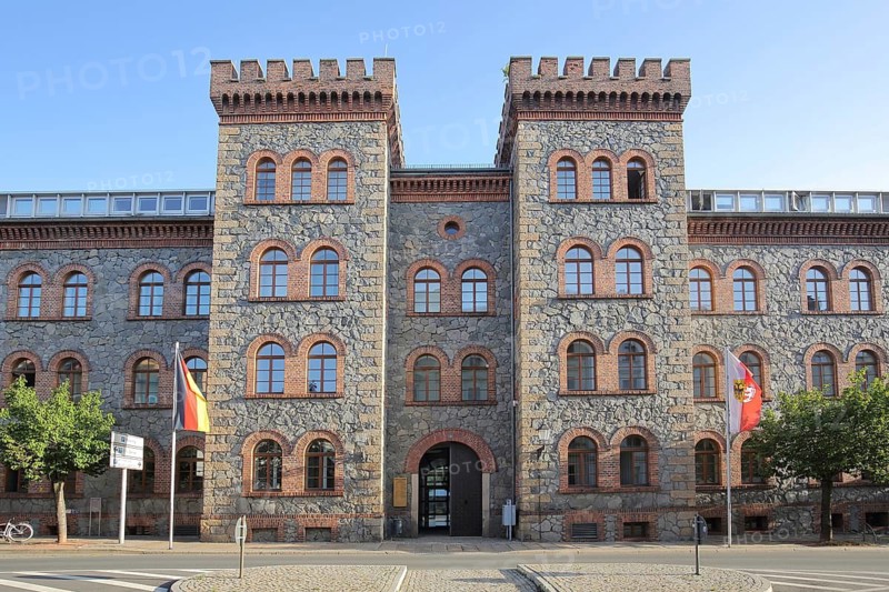 Technical town hall with twin towers with battlements, portal with German national flag, hunting barracks, Görlitz, Upper Lusatia, Lusatia, Saxony, Germany