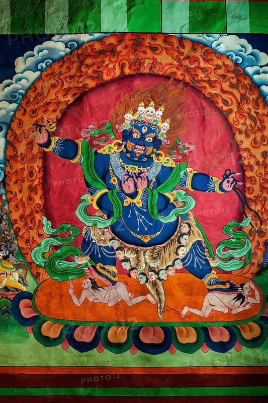 HEMIS, INDIA, SEPTEMBER 4, 2011: Wall painting of Dharmapala, Tibetan Buddhism wrathful protector deity. Hemis gompa (monastery), Ladakh, India