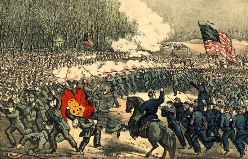 Lithograph of the Battle of Chancellorsville on 3 May 1863, published by the well-known US publishing house Currier & Ives.Historical details: Conflict: American Civil War (War of Secession) . Date of the battle: 3 May 1863 (during the Chancellorsville Campaign) .Parties involved: The Union Army (the Northern states under General Joseph Hooker) against the Confederate Army (the Southern states under Generals Robert E. Lee, Stonewall Jackson, James Longstreet and A.P. Hill) .Image features: The image depicts a fierce skirmish with Union troops charging forward, a large US flag and an exploding artillery shell amidst the turmoil of battle, American history, authentic, digitally restored reproduction of a 19th-century original, exact date of the depiction unknown, historical