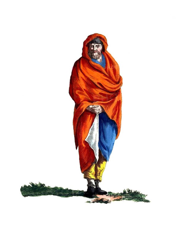 Historical clothing, fashion over time, traditional costume of a priest of the Moors around 1695, digitally restored reproduction of a model from the 18th/19th century, exact date unknown, man in traditional garb and orange cloak with traditional headgear