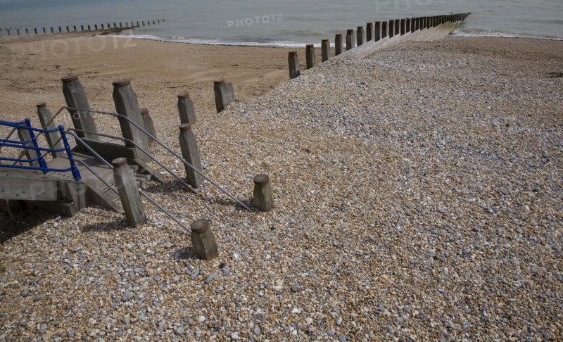 Wooden groyne showing different beach levels, Eastbourne, East Sussex, England, United Kingdom