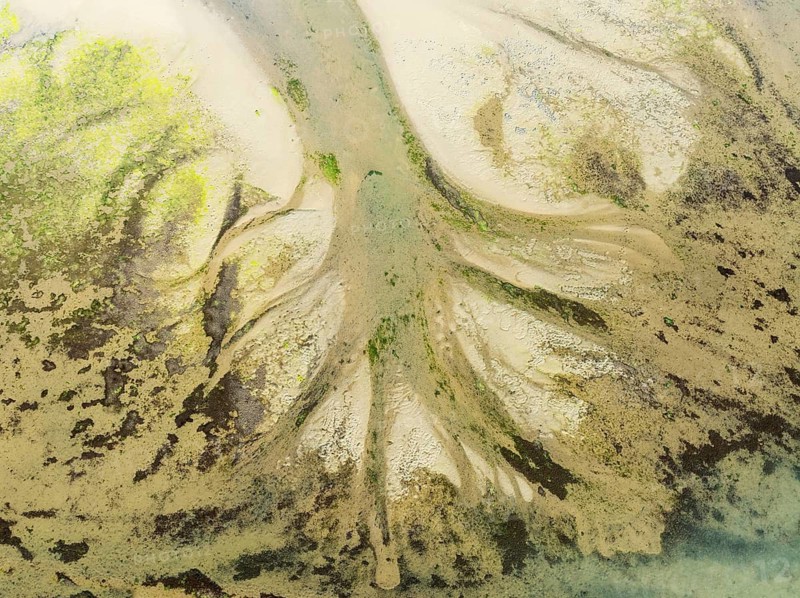 Sandy deposits, channels and streams at low tide at the Lago de la Gaviota (lake of the seagull). Aerial view. Drone shot. Isla Cristina, Huelva province, Andalusia, Spain