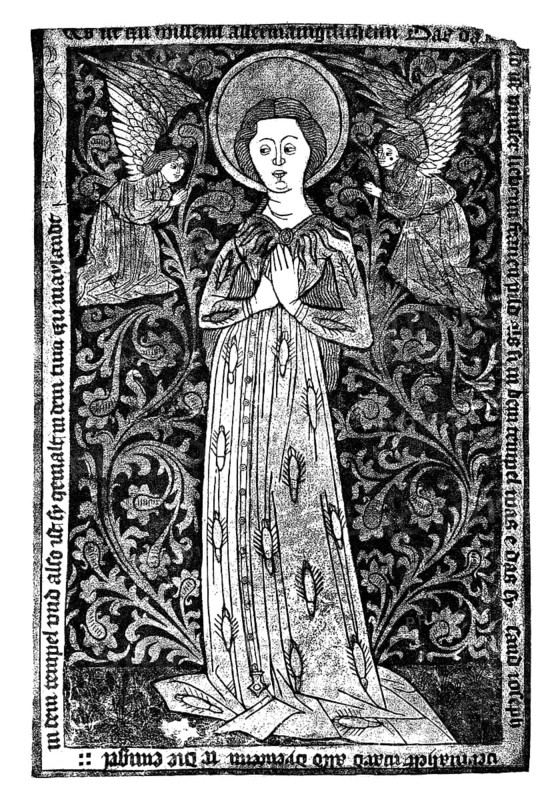 Mary is worshiped by two angels, wood engraving, 1440