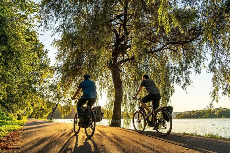 Cycling on Lake Baldeney, around 14 kilometres around the Ruhr reservoir, summer evening on the eastern shore, Essen, North Rhine-Westphalia, Germany