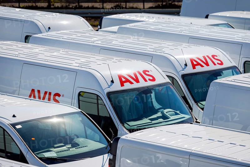 Duisburg, North Rhine-Westphalia, Germany - New cars, vans Avis rental cars, transhipment centre, car terminal in Duisburg harbour