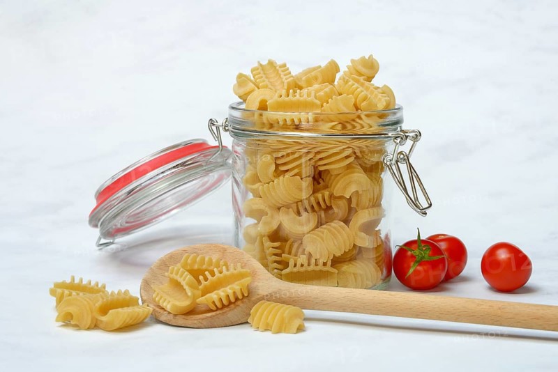 Italian pasta in glass containers, Radiatori variety