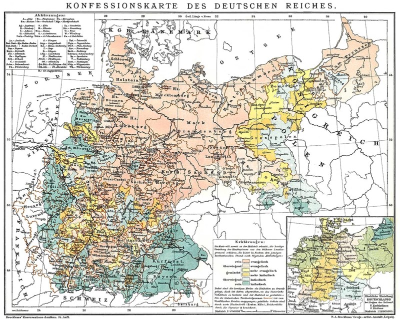 The religious situation in the German Empire about 1895, Religionszugehörigkeit im Deutschen Reich, ca. 1894