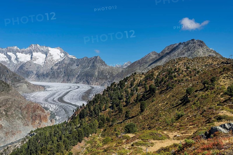 Aletsch Glacier, glacier tongue, panorama, climate change, decline, global warming, ice, global climate, tourism, hiking trail, hike, Aletsch Arena, Valais, Switzerland