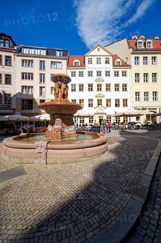 Zum Arabischen Coffe Baum, coffee tree, one of the oldest coffee houses in Europe, restaurant, café, museum and the ornamental fountain Lipsia-Brunnen by Max Lange, Leipzig, Saxony, Germany