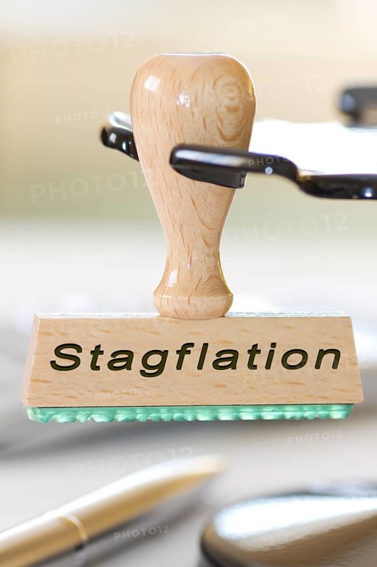 Stamp with the inscription Stagflation, Economy, Business cycle, Economic crisis, Commodity prices, Economic expectations, Conjungtur