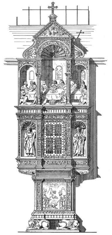 Historical architectural illustration from the 19th Century, 1875, altar in German Renaissance style, church St. Andreas, Cologne, Germany, Europe, Deutsche Renaissance, Zeichnung von 1882, Altar in der Kirche St. Andreas, Köln, Nordrhein-Westfalen, Deutschland, Europa