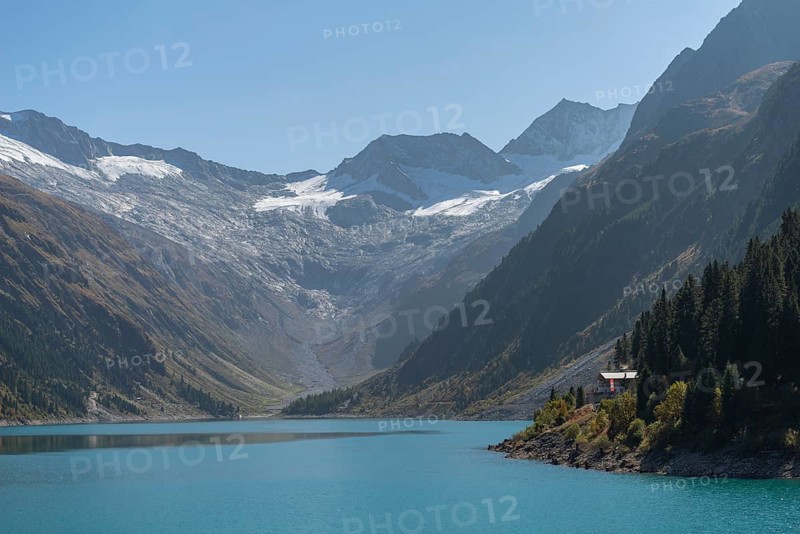 Schlegeisspeicher (1782m), glacier at the Schlegeiskees, blue sky, Zillertal Alps, Tyrol, Austria