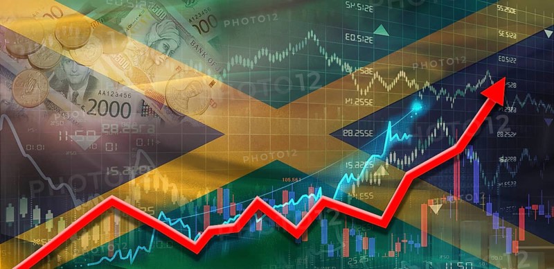 Jamaica financial growth on market graph. Jamaica economic growth on financial graph background