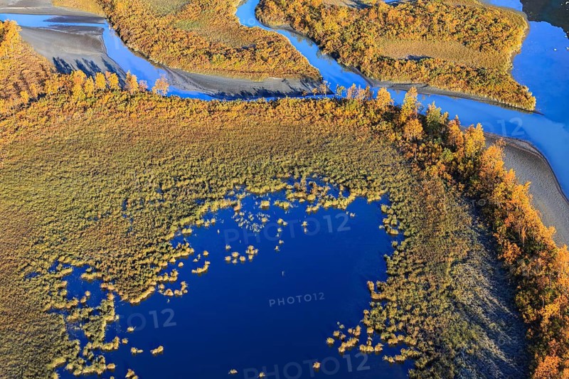 River, river delta, lakes, moor, autumn, autumn colours, sunny, aerial view, Rapadalen, Laponia, Lapland, Sweden