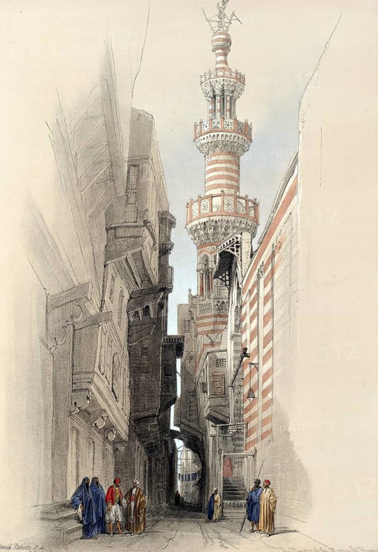 The minaret of the El Rhamree mosque, Egypt, c. 1850, Historical, digitally restored reproduction from a 19th century original, exact date unknown