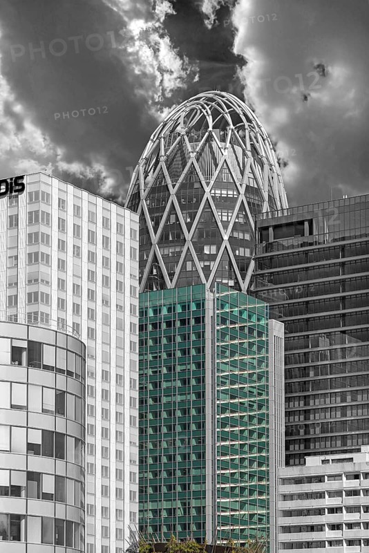 High-rise office buildings in La Défence, largest high-rise office district in Europe, black and white, Paris, France