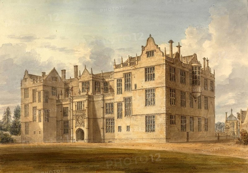 North West View of Montacute House, Somersetshire, England, digitally restored reproduction of a 19th-century original by John Buckler, Record date not stated, North West View of Montacute House, digitally restored reproduction of a 19th-century original, Record date not stated