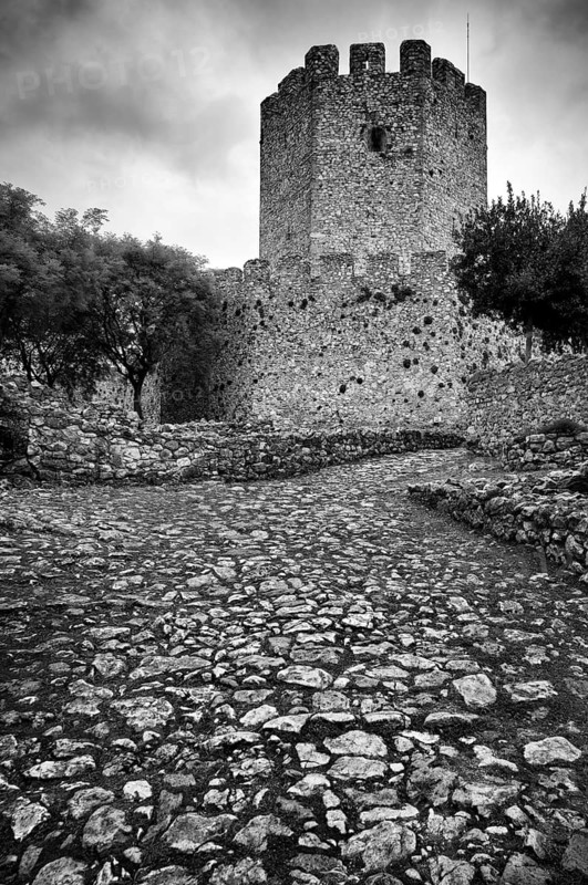 Main tower with defence walls, Castle of Platamonas, Platamon Castle, black and white, Platamonas, Macedonia, Greece