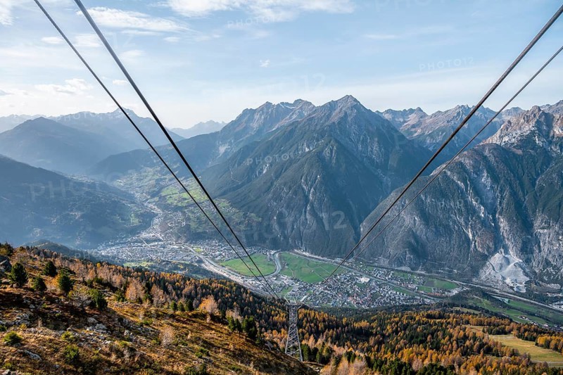 View of Landeck in Tyrol and Inntal valley from Venet mountain railway, Tyrol, Austria