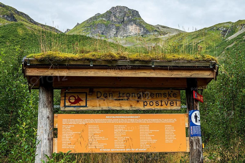 Explanatory board describing the historic Trondheim Postal Road, near Hellesylt, Norway
