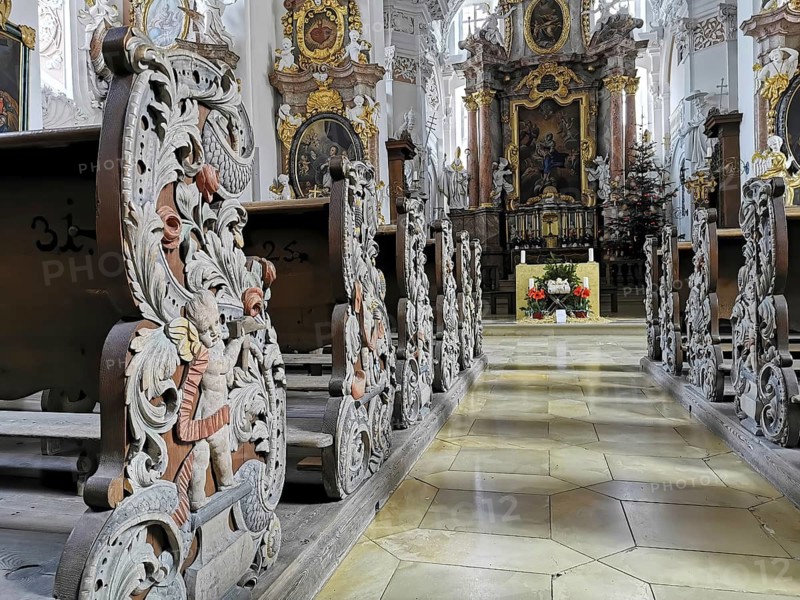 Carved pews, interior of the collegiate church of Speinshart Monastery, abbey of the Premonstratensian Order, Neustadt an der Waldnaab district, Upper Palatinate, Bavaria, Germany