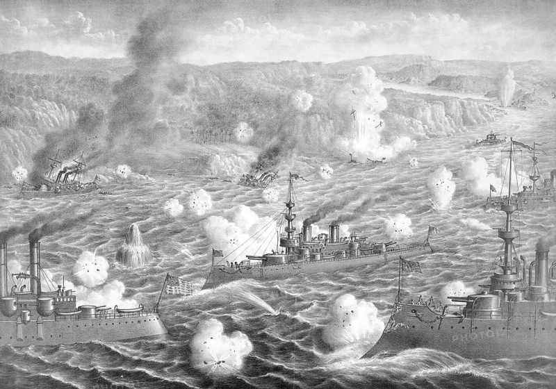 Destruction of the Spanish fleet under Admiral Pascual Cervera by the US Navy in the naval battle off Santiago de Cuba during the Spanish-American War. Naval Battle of Santiago de Cuba on July 3, 1898, which ended with a severe defeat and the destruction of the Spanish Caribbean Fleet, American history, authentic, digitally restored reproduction in high resolution from a 19th century original, exact date of depiction unknown, historical
