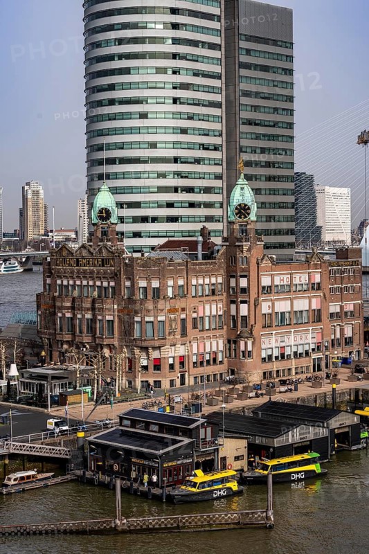 Kop van Zuid, Wilhelminapier, skyscrapers on the Nieuwe Maas, skyline of the city center, Holland Amerikaplein, Hotel New York, Watertaxi Station, Rotterdam, Netherlands