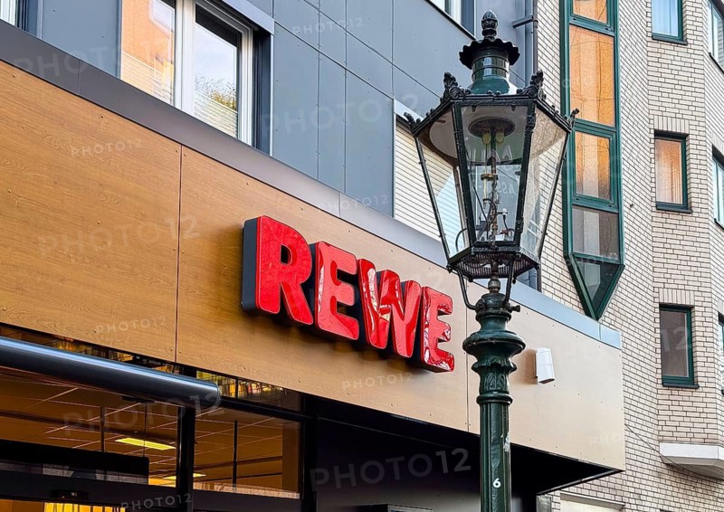 Rewe lettering on a supermarket in Düsseldorf, Germany
