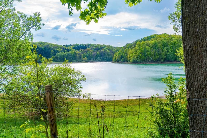 Panoramic view of a lake with surrounding trees and a fence in the foreground, under a blue sky, Glems reservoir, Swabian Alb, Germany