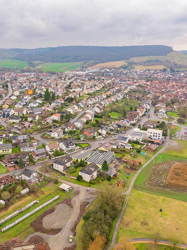 Aerial view of a town with houses, streets and surrounding fields, Großbottwar, Ludwigsburg district, Baden-Württemberg, Germany