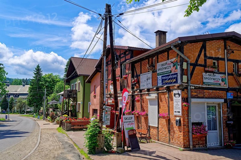 The village of Karlow, Carlsberg, in the Heuscheuergebirge National Park. The Heuscheuergebirge National Park, Park Narodowy Gopr Stolowych, is located in the Central Sudetes, Lower Silesia, in southwestern Poland. Karlow, Radkow, Szczytna, Silesia, Poland