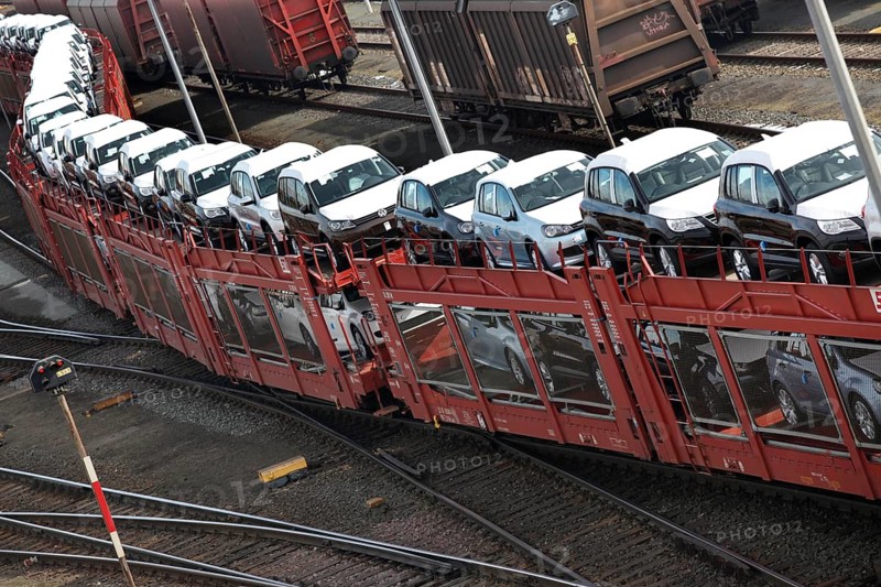 Wolfsburg, DEU, 250211 - Car transport wagons with new Volkswagen Golf and Tiguan vehicles on the Volkswagen factory premises, Wolfsburg, Germany
