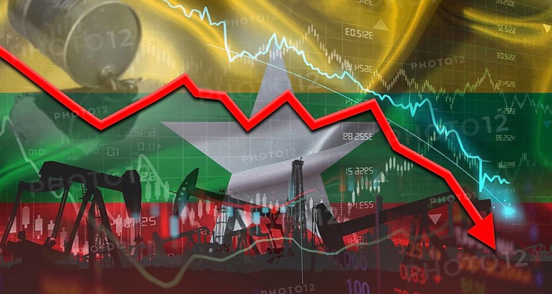 Fall oil price with Burmese flag on economic chart. Petrol crisis with Myanmar flag on financial graph