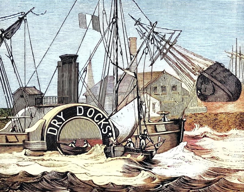 Paddle steamer Goliath in the port of Antwerp, Anvers, 1870, Belgium, illustration, reproduction from a model from the 19th century. Authentic, file restored for optimal use, exact date of original unknown, historical, nostalgically colored