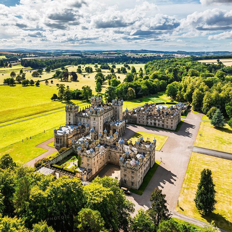 Floors Castle and garden from a drone, Duke of Roxburghe, Roxburghshire, Scotland, UK
