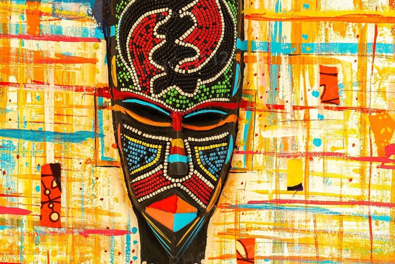 Ghanaian woman as a three-dimensional work of art by a Ghanaian artist, a colourful work of art on canvas, upper part with abstract painting, face mask with artificial pearls, dress made of individual textiles, Ghana