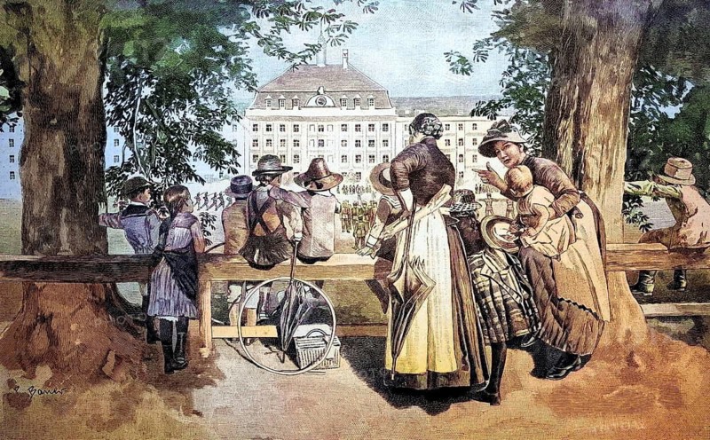 Children and woman as spectators during a drill in the Hofgarten barracks in Munich, Bavaria, Deutschland, 1892 / Kinder und Frauen als Zuschauer beim Exerzieren in der Hofgarten-Kaserne in Munich, Bayern, 1892, Historisch, historical, digital improved reproduction of an original from the 19th century / digital reproduction of an original from the 19th century