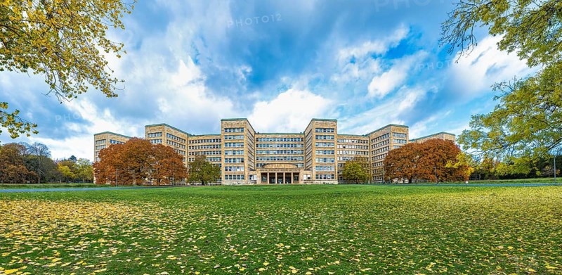 Panorama of Johann Wolfgang Goethe University in autumn, Westend Campus, former IG Farben building, Pölzig-Bau, Frankfurt am Main, Hesse, Germany