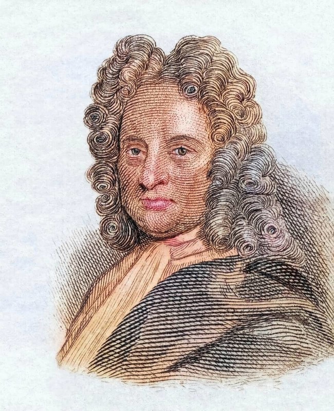Edmond Halley, (born 29 October Jul. / 8 November 1656greg. in Haggerston near London, died 14 January Jul. / 25 January 1742greg. in Greenwich) was an English astronomer, mathematician, cartographer, geophysicist and meteorologist, coloured woodcut from Crabbe's Historical Dictionary from 1825, Historical, digital reproduction