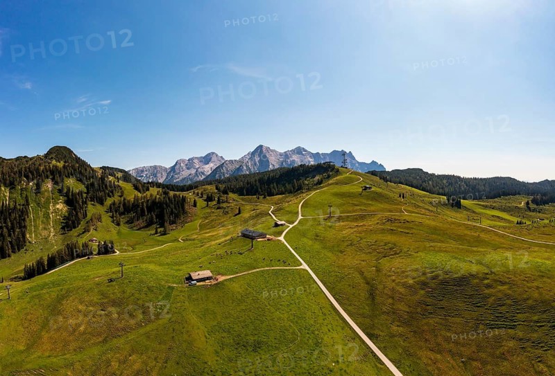 Drone shot, Hochalm, Loferer Alm with view to the Loferer Steinberge, Lofer, Pinzgau, Salzburg province, Austria