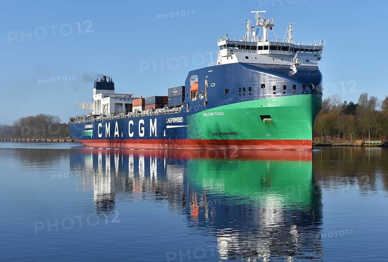 Container ship CMA CGM TIVOLI sailing in the Kiel Canal, Kiel Canal, Schleswig-Holstein, Germany